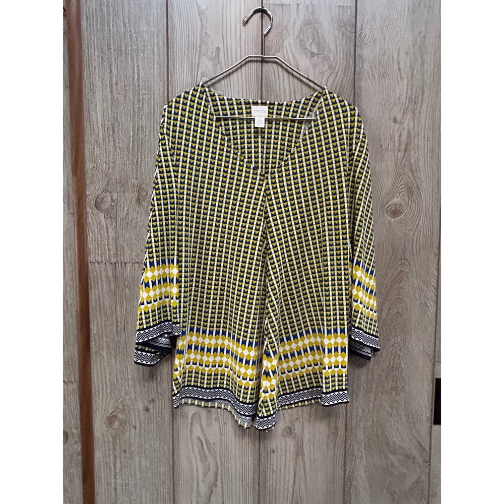 Chico's Yellow Blue Geometric V-Neck Bell Sleeve Sharkbite Tunic Blouse Size 2